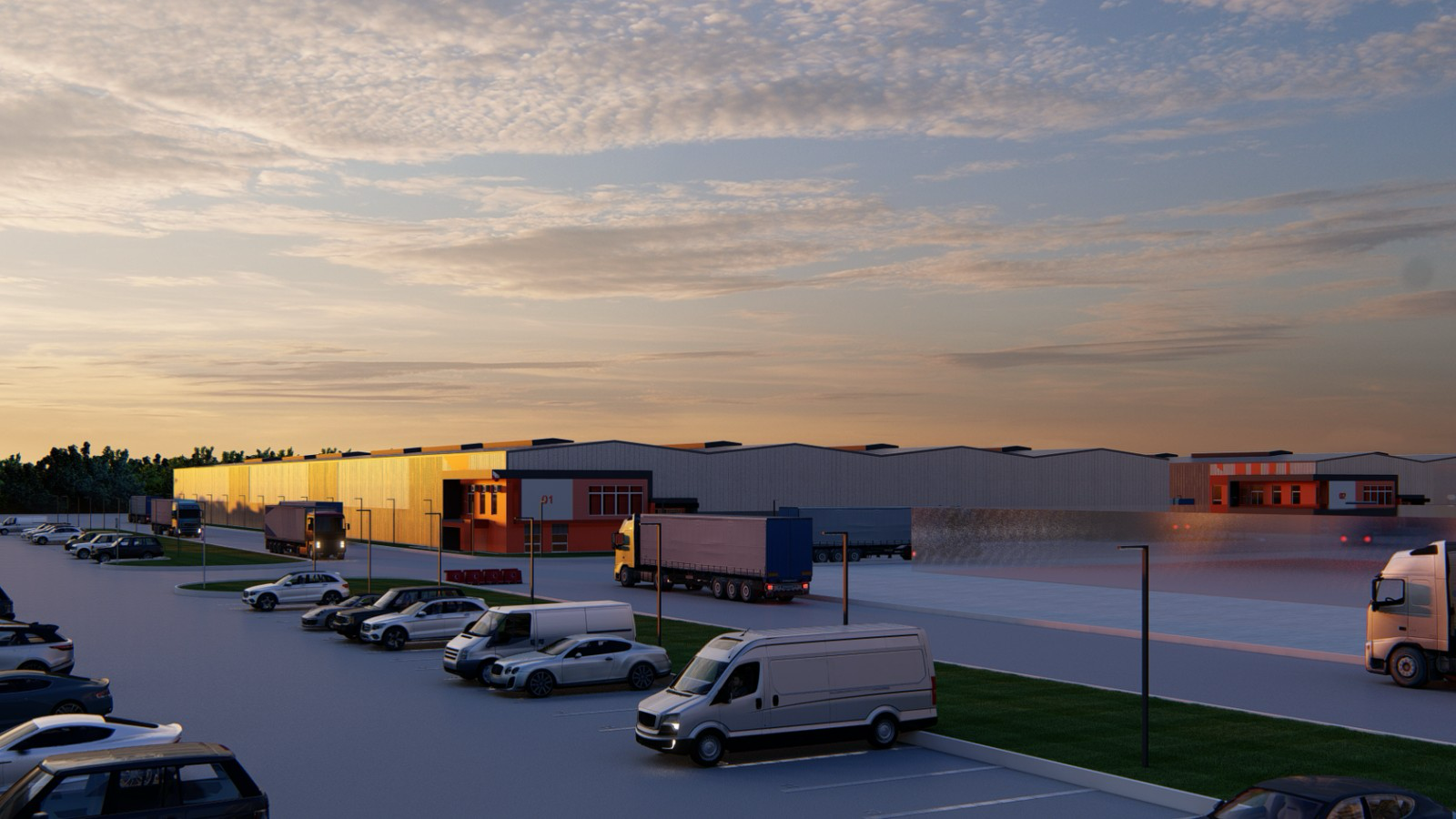 Rendering of BioPlasma Pharmaceutical manufacturing site at dusk